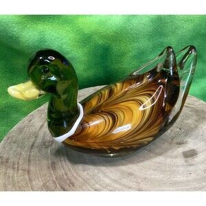 Art Glass Mallard Duck Figurine Paperweight Handcrafted Unique Art Office Decor
